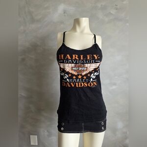 Harley-Davidson Black Orange Racy Racer Back Tee Women Sz L Bra Shelf Stars Wing